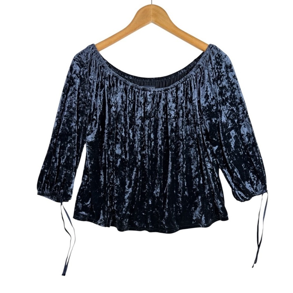 American Eagle Sz M Blue Crushed Velour Off the Shoulder Top Blouse 3/4 Sleeve